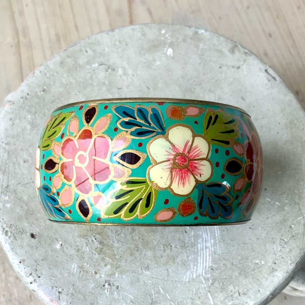 Vintage Boho Floral Enamel Brass Bracelet with Gold Accents